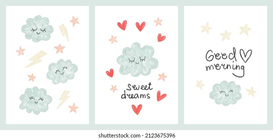 Charming children's casual vector set in watercolor style. Cute painted clouds with hearts and inscriptions in soft colors for background, postcard, gift, wrapper, textiles, decor and interior