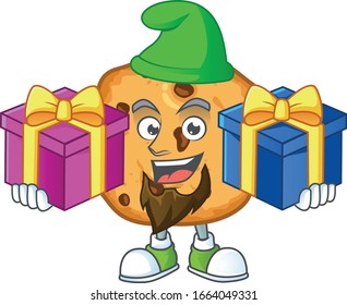 A charming chocolate chips cookies cartoon mascot style with two boxes of gifts