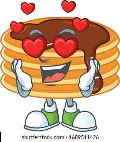 Charming chocolate cream pancake cartoon character with a falling in love face