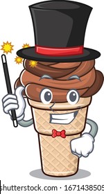 Charming chocolate ice cream cartoon design performance as a Magician style