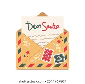 Encantador Sobre De Dibujos Animados De Navidades Muestra Una Carta Conmovedora A Santa Con Decoraciones Festivas Y Vibrantes Sellos De Festiva, Capturando El Espíritu De La Temporada En Un Estilo Delicioso Y Caprichoso