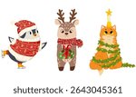 Charming Christmas character set with a cat, penguin, and deer dressed in festive clothes. A fun vector collection for stickers. Great for greeting cards, labels, gift tags, and digital graphics