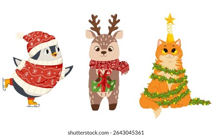 Charming Christmas character set with a cat, penguin, and deer dressed in festive clothes. A fun vector collection for stickers. Great for greeting cards, labels, gift tags, and digital graphics