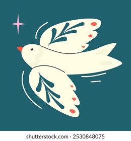 Charming Christmas dove decorated with a winter plant pattern. Seasons greetings. Peace on earth. dove bird, mistletoe, plant, branch, non violence, no war, anti-war, human solidarity.  