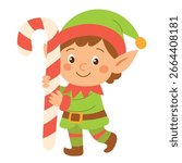 Charming Christmas Elf with Candy Cane Illustration. Hand Drawn Vector Art.