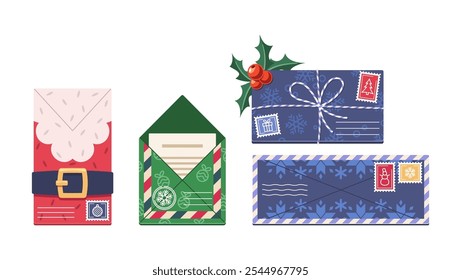 Charming Christmas Envelopes Feature Holiday Designs Perfect For Sending Festive Greetings and Decorated With Seasonal Elements Like Santa, Holly Berries, And Snowflakes Creating Holiday Spirit