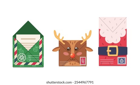 Charming Christmas Envelopes Featuring Delightful Reindeer And Santa Claus Designs Capture The Joy Of The Holiday Season, Display Unique Festive Pattern For Christmas Cards Or Holiday Invitations