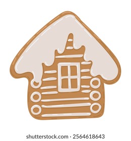 Charming Christmas gingerbread house cookie illustration with white icing details and snowy rooftop, designed in whimsical and festive style. Vector hand drawn drawing on white background