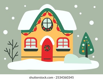 Charming Christmas house covered in snow, decorated with festive lights and surrounded by winter scenery. Cozy flat-style illustration perfect for holiday themes and seasonal designs.