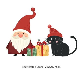 Charming Christmas illustration with cute Santa gnome and black cat in festive hats with gifts. Joyful symbols of Christmas in children's cartoon character style. For holiday cards, children's book. 