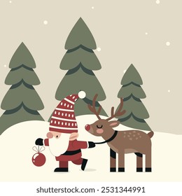 A charming Christmas illustration featuring a festive gnome walking through a snowy forest alongside a friendly reindeer