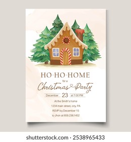 Charming Christmas party invitation template featuring a delightful gingerbread house and festive Christmas trees, perfect for spreading holiday cheer and joy!