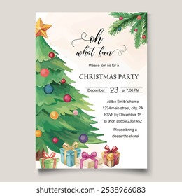 Charming Christmas party invitation template featuring a beautifully decorated tree and colorful presents, perfect for celebrating the festive season with family and friends!