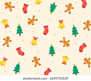 Patrón de Navidades encantadoras de hombres de jengibre, calcetines, árboles de Navidad y campanas sobre fondo amarillo pálido. Ideal para empaques navideños cálidos, carteles o diseños de papel de regalo.