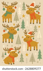 A charming Christmas pattern of reindeer in scarves and hats
