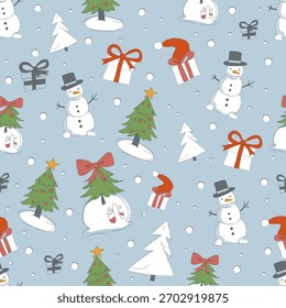 Charming Christmas pattern with snowmen, trees, gifts and snow on a soft blue background. Playful holiday design in a simple, hand-drawn style.