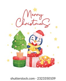 Charming Christmas Penguin Singing Festive Songs on Colorful Gift Boxes, Delightful Watercolor Cartoon for Kids. Perfect for Cards, Invitations, and Decorations