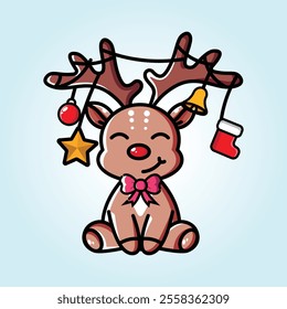 A charming Christmas reindeer cartoon, adorned with festive ornaments, embodies holiday cheer and warmth.