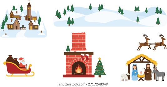 Encantadores Elementos de escena navideña, incluido el pesebre de Santa y la chimenea festiva