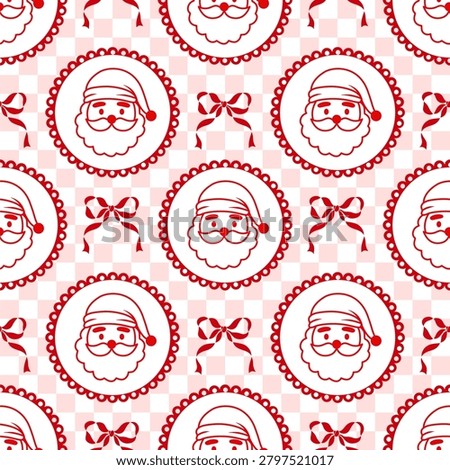 Charming Christmas seamless pattern featuring Santa Claus portraits inside decorative circular frames with bows in festive red and white colors.