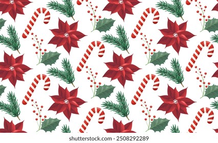 Charming Christmas seamless pattern with poinsettia, Oculus, Christmas tree twigs. Vector festive illustration. Digital paper repeating background for wrapping paper, stationery, wallpaper.