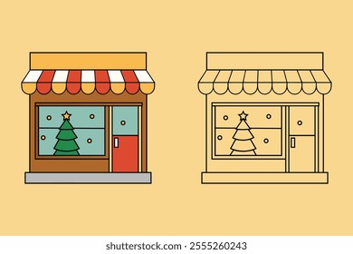 Charming Christmas Shop Window with Tree Design for Holiday Coloring Fun