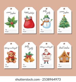 Charming Christmas tag featuring a short message and delightful winter illustrations of Santa Claus, a snowman, gingerbread, and a Christmas tree. Perfect for holiday gifting!