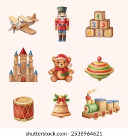 Charming Christmas toys collection featuring wooden kid's toys: cubes, bear, train, castle, plane, soldier, bell, and spinning top, perfect for holiday decor and joyful playtime.