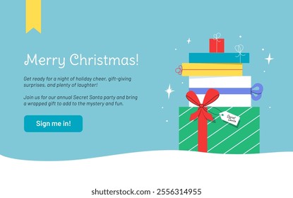 Encantadora Ilustración vectorial de Navidades. Una pila de cajas de regalo de Santa Claus Secret, en la nieve rodeada de estrellas. Concepto para la invitación del partido o el Anuncio del Web