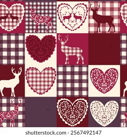 Charming Christmas-Inspired Patchwork Design with Deers and Hearts