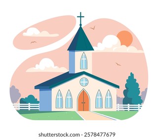 Charming church with tall steeple and cross, set in a serene landscape under a soft sunset sky, surrounded by trees and a fence. Flat style. Vector illustration