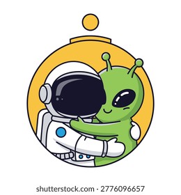 A charming circular emblem featuring a friendly astronaut in a spacesuit embracing a cute green alien. This whimsical space design represents cosmic friendship and unity.