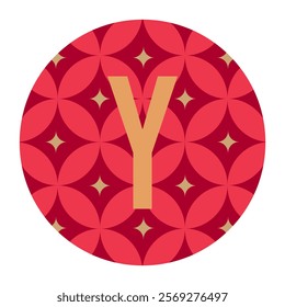 Charming circular vector art with a floral-inspired pattern in red tones and a gold letter Y. Suitable for greeting cards, invitations, and decorative design