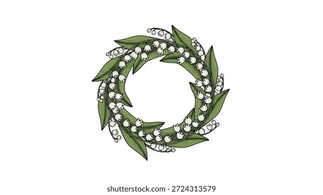 Uma grinalda circular encantadora trabalhada a partir de delicado lírio das flores do vale e folhas verdes, perfeito para primavera ou projetos temáticos da natureza.