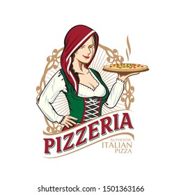 A charming and classic vector illustration featuring a beautiful Italian woman in a red hood and traditional dress, carrying a tray of freshly baked authentic pizza. Set against an elegant vintage frame with "Pizzeria" and "Authentic Italian Pizza" typography. Perfect for Italian restaurants, pizzerias, food menus, cooking blogs, and Mediterranean-themed marketing materials.