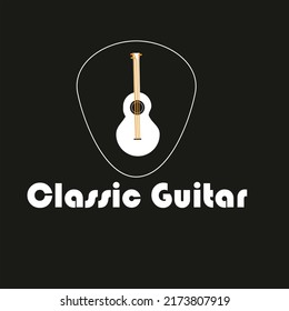 the charming classical guitar logo is white and on a black background. you can use it as your clothes design or background