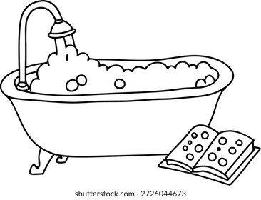Charming Clawfoot Bathtub with Bubbles and Open Book Coloring Page Illustration