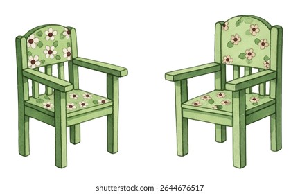 Charming  clipart set of childrens chairs with floral patterns. Hand-painted in green, pink, and blue tones. Ideal for nursery decor, kids designs, scrapbooking, and educational projects.