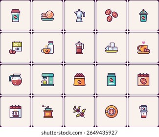 Charming Coffee Culture Collection: Whimsical Icon Set of Coffee Essentials
