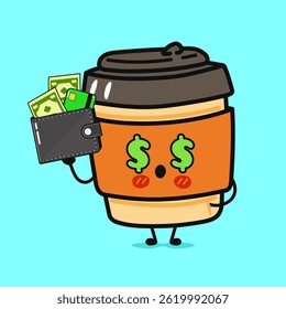 A charming Coffee cup character with dollar signs for eyes holding a wallet of cash and a card.