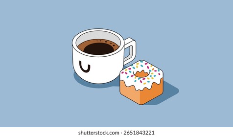 Encantador copo de café com rosto feliz ao lado de uma rosquinha quadrada com polvilhos
