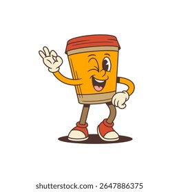 Mascote encantador de xícara de café com um grande sorriso e um piscar de olhos adiciona personalidade à marca, menus, anúncios, embalagens e conteúdo digital. Divertida ilustração de vetor estilo cartoon retro