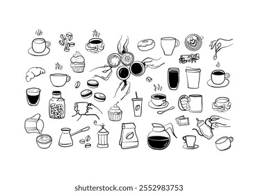 Charming Coffee and Dessert Illustrations: A Whimsical Collection of Hand-Drawn Coffee Cups, Treats, and Brewing Essentials, Perfect for Foodies and Coffee Lovers