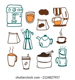 Charming coffee icon set on a white backdrop. Illustrations include coffee maker, beans, teapot, and chocolate. Perfect for adding a warm and inviting touch to your coffee-themed designs.