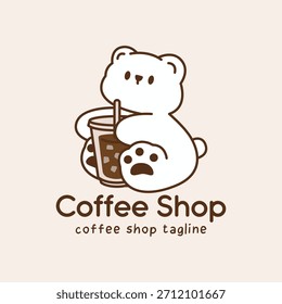Logo encantador del café con el oso que abraza la bebida helada. Mascota linda para la marca del café y de la bebida.
