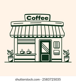 A charming coffee shop awaits with steaming cups displayed in the window, hand drawn style