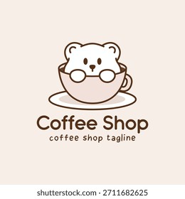 Logo encantador de la cafetería con el oso que asoma de la taza. Mascota linda para la marca de la cafetería y de la panadería.