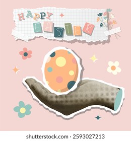 A charming collage with a hand holding a polka dot Easter egg, surrounded by floral elements, perfect for Easter greetings.