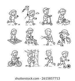A charming collection of 10 hand-drawn black and white line icons illustrating children's outdoor play activities. 