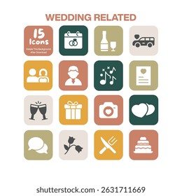 A charming collection of 15 flat design wedding icons capturing elements of marriage celebration and romantic events perfect for invitations and related digital content